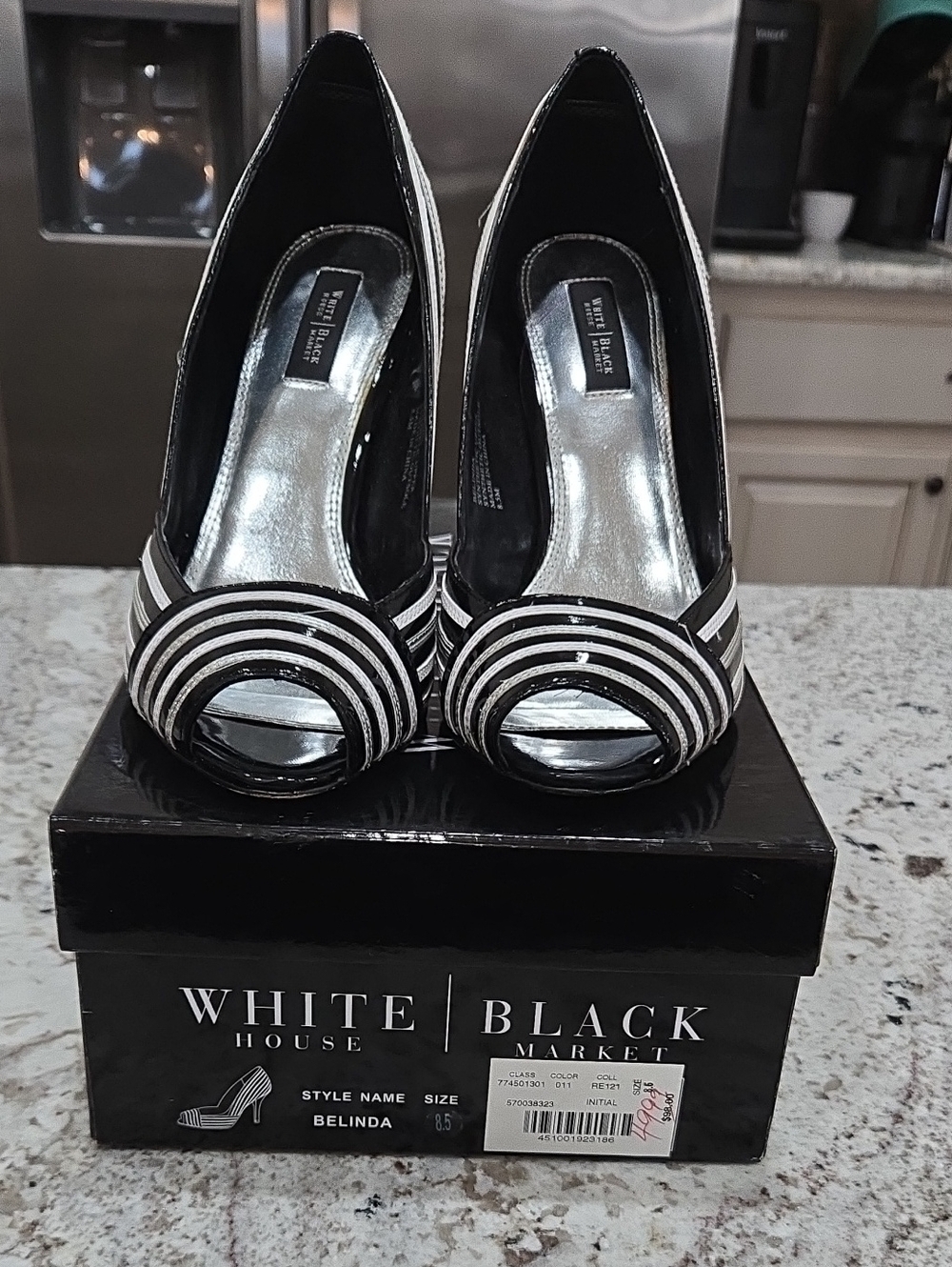 White House Black Market Black and Silver Striped Peep-Toe Heels